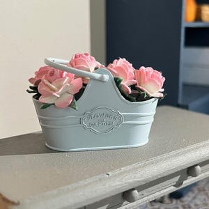 DOLLS HOUSE 1:12 Scale Pink Roses in Vintage Metal Basket (Shabby Chic)