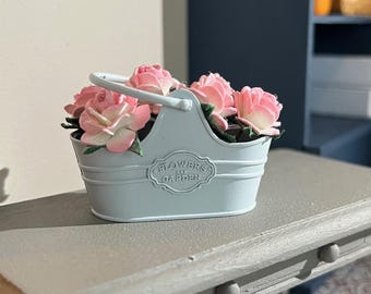 DOLLS HOUSE 1:12 Scale Pink Roses in Vintage Metal Basket (Shabby Chic)