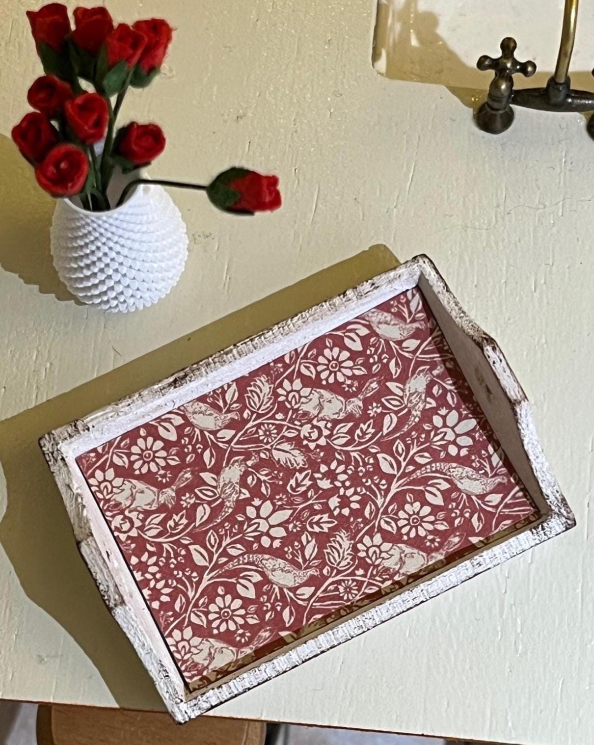 CASA DELLE BAMBOLE Scala 1:12 - Vassoio Decorativo Vintage In Legno Con Stampa Rosa E Rosa Di William Morris - Italia - Foto 10