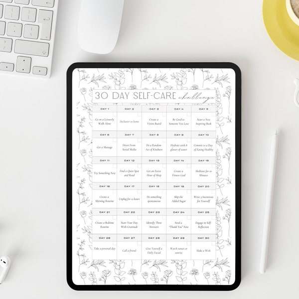 Wellness & Productivity Planner | Printable | Instant Download | Self-Care 30 Day Challenge | Floral Theme | Journal Page | Monthly Tracker