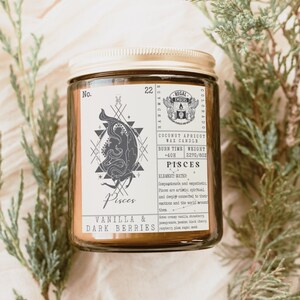 Pisces Custom Handmade Zodiac Candle Gift - Art Deco Astrology Birth Month Gifts for Women Aromatherapy Candles
