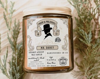 Jane Austen Pride & Prejudice Mr. Darcy Bookish Scented Candle, Book Lover Pick Your Own Scent Gift for Reader Aesthetic Candles Friend Gift