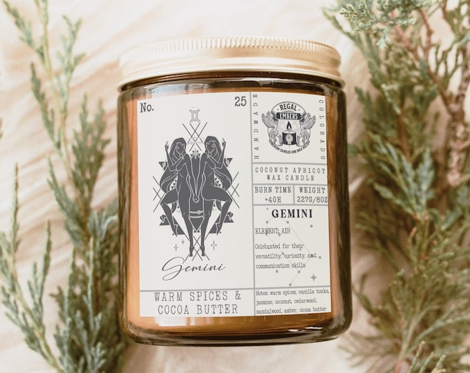 Gemini Custom Handmade Zodiac Candle Gift - Art Deco Astrology Birth Month Gifts for Women Aromatherapy Candles