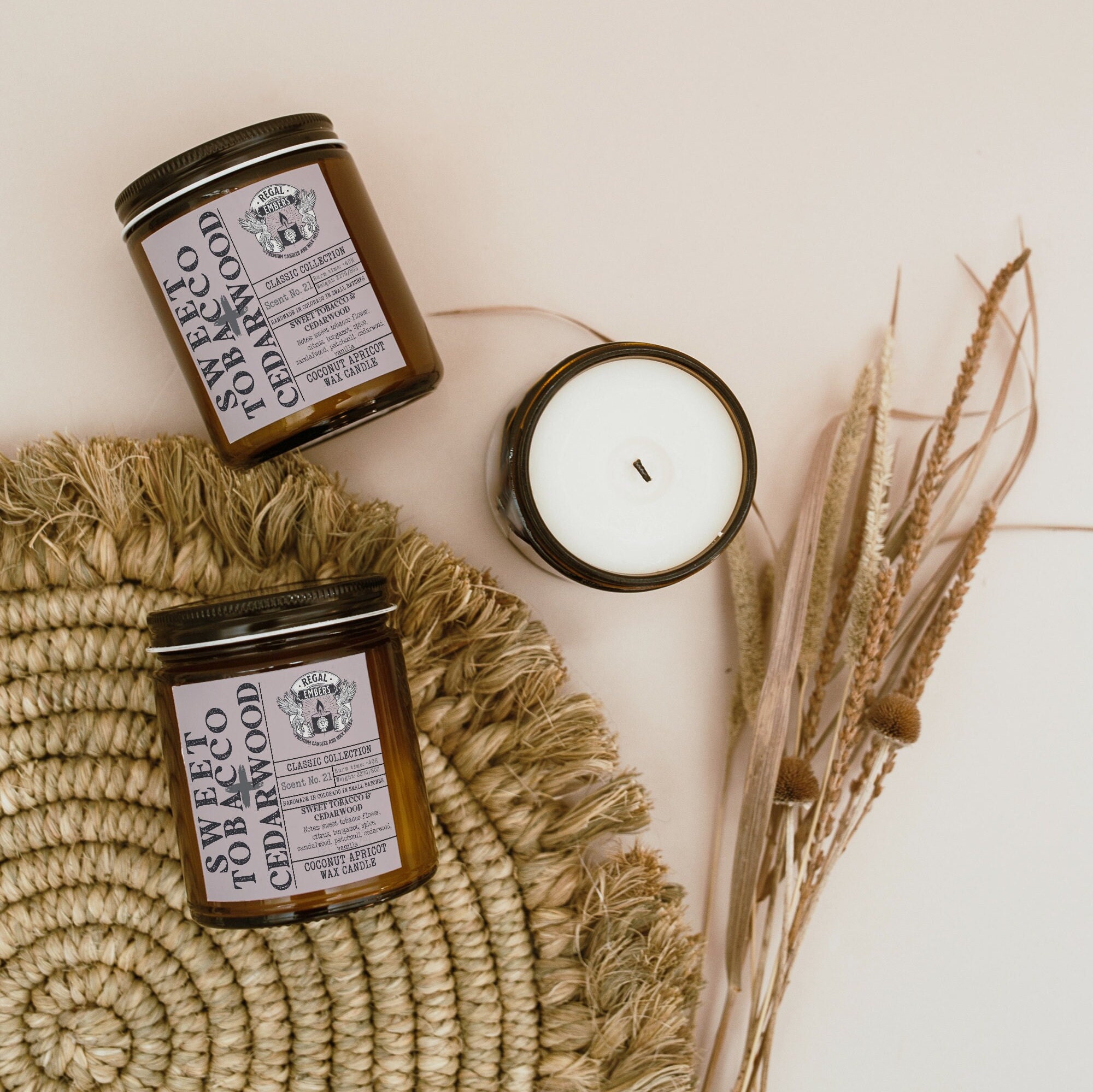 Sweet Tobacco & Cedarwood Handmade Custom Candle - Clean Burning 8oz or 4  Oz Homemade Aromatherapy Strong Scented Candle Gift