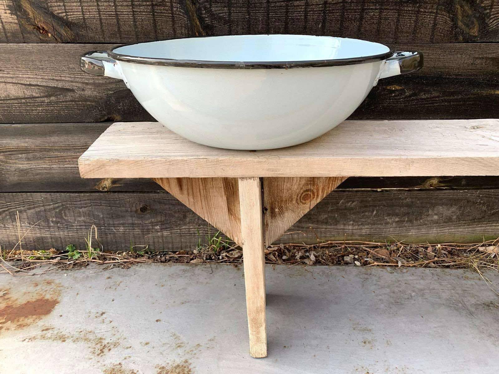 Vintage Enamel Wash Basin with Handles, Very Light Blue Baby Bath, Storage Bowl, Heavy Enamel Wash Tub, Country Style, Primitive Living