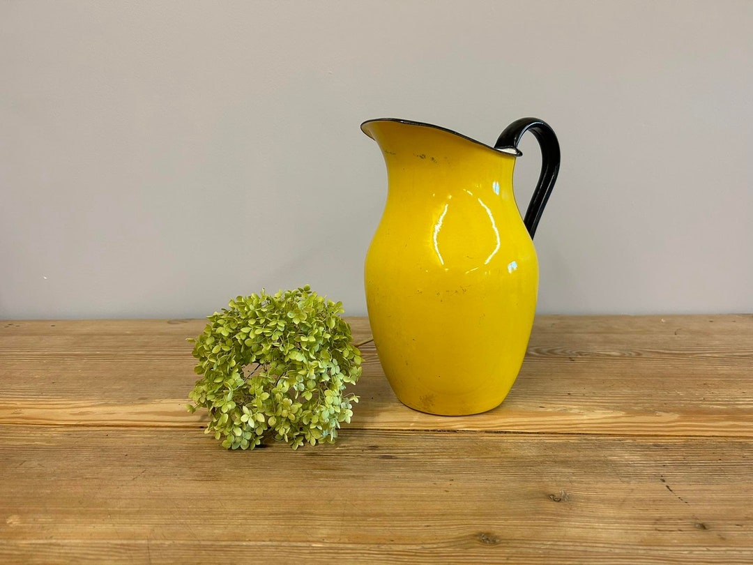 Yellow Enamel Pitcher With Black Handle and Rim, Vintage Yellow Enamel