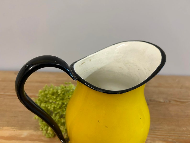 Yellow Enamel Pitcher With Black Handle and Rim, Vintage Yellow Enamel