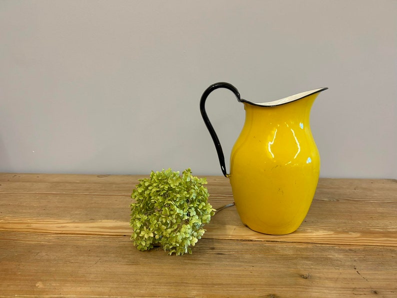 Yellow Enamel Pitcher With Black Handle and Rim, Vintage Yellow Enamel