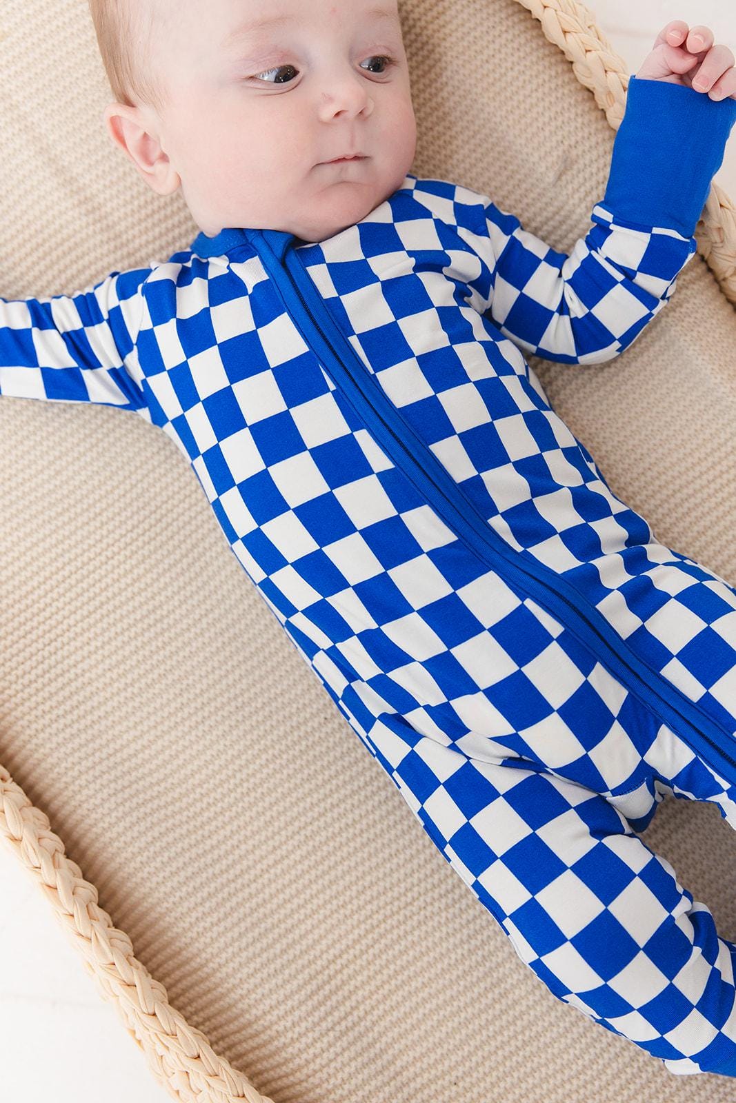 Blue & White Checkerboard Bamboo Baby Pajamas Game Day Zip Sleeper