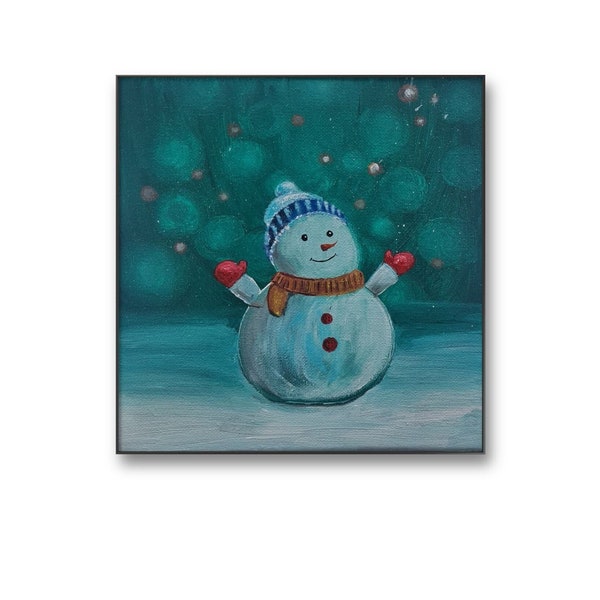 Snowman in winter night Christmas painting Cheerful snowman