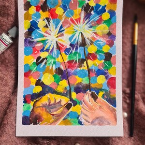 Pintura original Sparkler guache Pintura de Ano Novo Pequena pintura