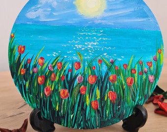 Red tulips and the sea on a round painting Spring seascape Acrylic Oil painting Flowers painting