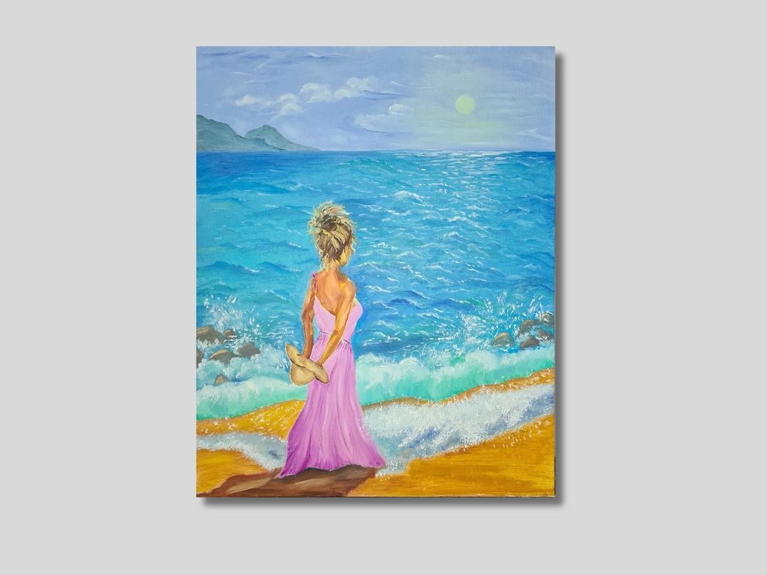 Girl at the Seaside in a Pink Dress Painting Blond and Seascape Summer ...
