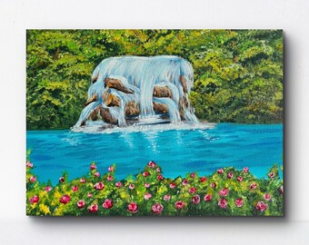 川の風景画、オリジナルの川の風景、小川の水彩画、森の絵画、川