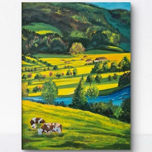 Original Landscape Oil Painting Countryside Field with Cows and River Farmhouse Wall Art  Rustic Pastoral Scene Artwork