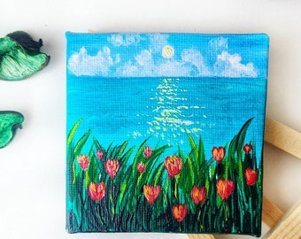 Tulipani rossi e il mare Dipinto di fiori Dipinto in miniatura su cavalletto di legno