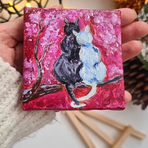 Couple de chats Beau couple d'animaux Art hivernal Miniature sur le chevalet