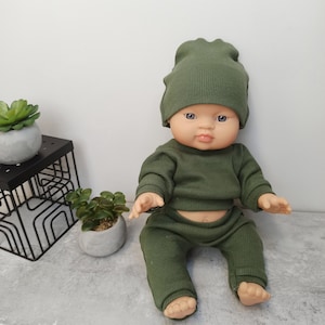 Handmade Cotton Khaki Doll Outfit Set for Baby Born, Paola Reina, Minikane Dolls 34cm, Sweatshirt, Pants, Beanie