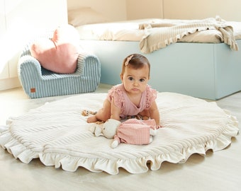 Chic Wide Stripe Corduroy Play Mat with Frill - Soft, Non-Toxic, and Machine Washable - Colorful and Stylish Nursery Decor