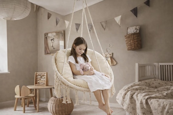 Kids Boho Corduroy Swing Chair: Macrame Hammock, Indoor Hanging