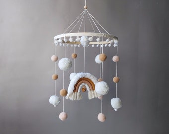 Baby macramè mobile arcobaleno con sonaglio Presepe mobile musicale bebe Nursery neutro pom pom mobile Lettino appeso mobile baby shower regalo