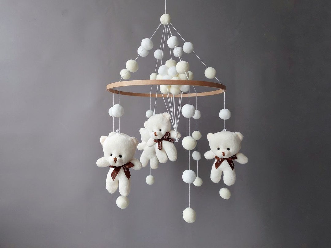 Bear Baby Mobile Crib Musical Mobile Girl Nursery Pom Pom Ballons