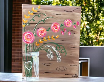 Hand painted 16x20 canvas of flowers in a jar