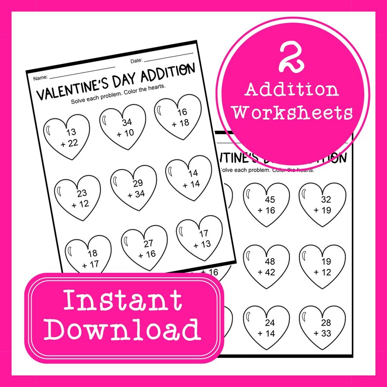 Valentine’s Day Math Worksheets Printable | 2-digit Addition Problems ...