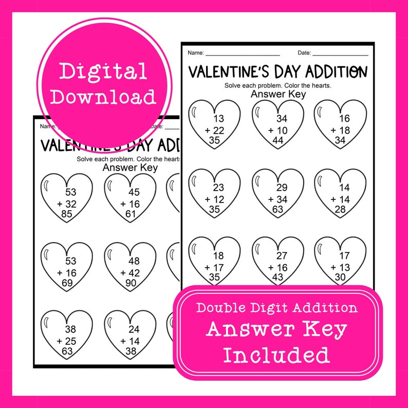Valentine’s Day Math Worksheets Printable | 2-digit Addition Problems ...