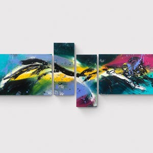 Abstract painting, 4 panels, 160*60cm (2 canvases 60*40cm and 2 canvases 20*50cm), colorful paint in turquoise, yellow, and magenta, designer wall art