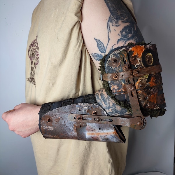 Postapocaliptic Arm piece based on elbow joint orthosis. Arm bracer, wasteland warrior wear, forearm, arm protector. Handcrafted costume.
