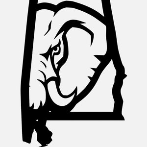 Könnte beinhalten: Schwarz-weiße Silhouette eines Elefantenkopfes innerhalb der Umrisse des Bundesstaates Alabama.