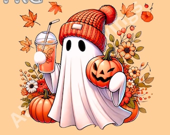 Caffè Zucca Fantasma / Fantasma Floreale Clipart / Fantasma Floreale Halloween / Fantasma Floreale Retro / Halloween Png Fantasma Carino