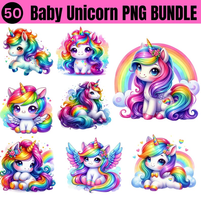 Baby Unicorn Watercolor Clipart | Rainbow Unicorn Bundle | Cute ...