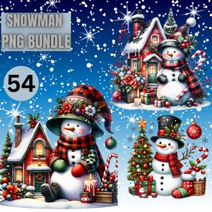 May include: A digital clipart bundle of 54 snowman illustrations. The snowmen are dressed in festive winter clothing and are surrounded by Christmas decorations, including houses, trees, and candy canes.