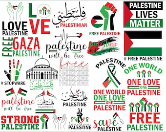 May include: A digital download bundle of SVG, PNG, JPG, PDF, EPS, and DXF files featuring various designs related to Palestine. The designs include text such as "Free Palestine", "Palestine Lives Matter", "One World One Love One Palestine", and "Strong Palestine". The designs also feature the Palestinian flag and other symbols.