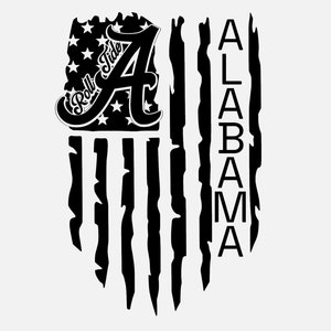 May include: Black and white distressed American flag design with the letter "A" and the words "Roll Tide" in a stylized font. The words "ALABAMA" are vertically stacked on the right side of the flag.