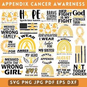 Könnte beinhalten: Eine Sammlung von 20 digitalen Designs mit gelben Bändern und Texten zum Thema Appendix-Krebs-Bewusstsein. Die Designs beinhalten Sätze wie "Hope", "We Wear Amber", "My Hero", "Not Today Cancer" und "Peace Love Hope".