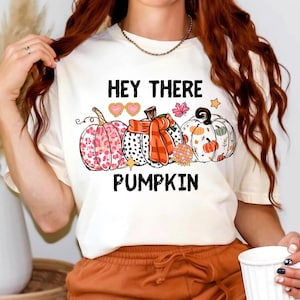 May include: White t-shirt with the text "Hey There Pumpkin" and a row of four pumpkins with different patterns. The pumpkins are pink, black and white polka dot, orange and white striped, and orange and white with a floral pattern.