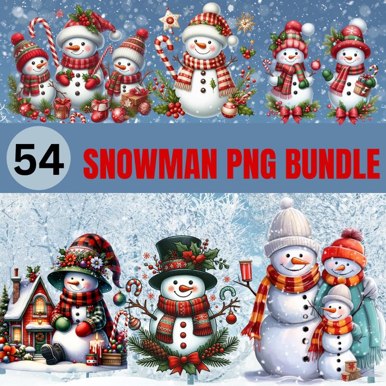 May include: A digital download of 54 snowman PNG images. The snowmen are illustrated in a cartoon style with red, white, and blue colors. The snowmen are wearing hats, scarves, and mittens. Some snowmen are holding candy canes and other winter-themed items.