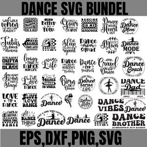Könnte beinhalten: Ein digitales Download-Paket mit 30 Tanz-SVG-Schnittdateien in Schwarzweiß. Die Designs zeigen verschiedene tanzbezogene Sätze und Sprüche, wie "Dance Like Nobody's Watching", "Dance Mom" und "Dance Your Heart Out".