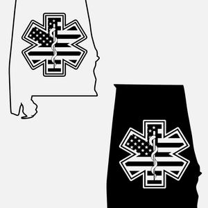 May include: Black and white outline of the state of Alabama with a black and white American flag star of life in the center. The star of life is a medical symbol with a snake wrapped around a rod.