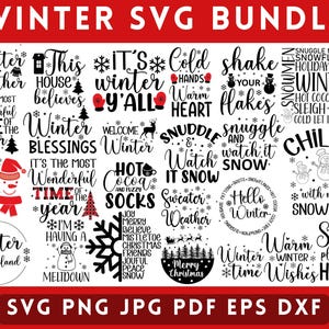May include: A collection of 20 winter-themed SVG designs featuring phrases like "It's the most wonderful time of the year", "Winter wonderland", "Sweater weather", and "Snuggle mittens".