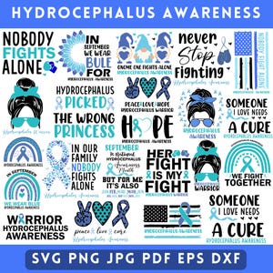 Peut inclure: Une collection de 20 designs numériques en bleu et turquoise avec du texte sur la sensibilisation à l'hydrocéphalie. Les designs incluent des slogans comme "Personne ne se bat seul", "Paix Amour et Espoir", "Son combat est mon combat" et "Nous nous battons ensemble".