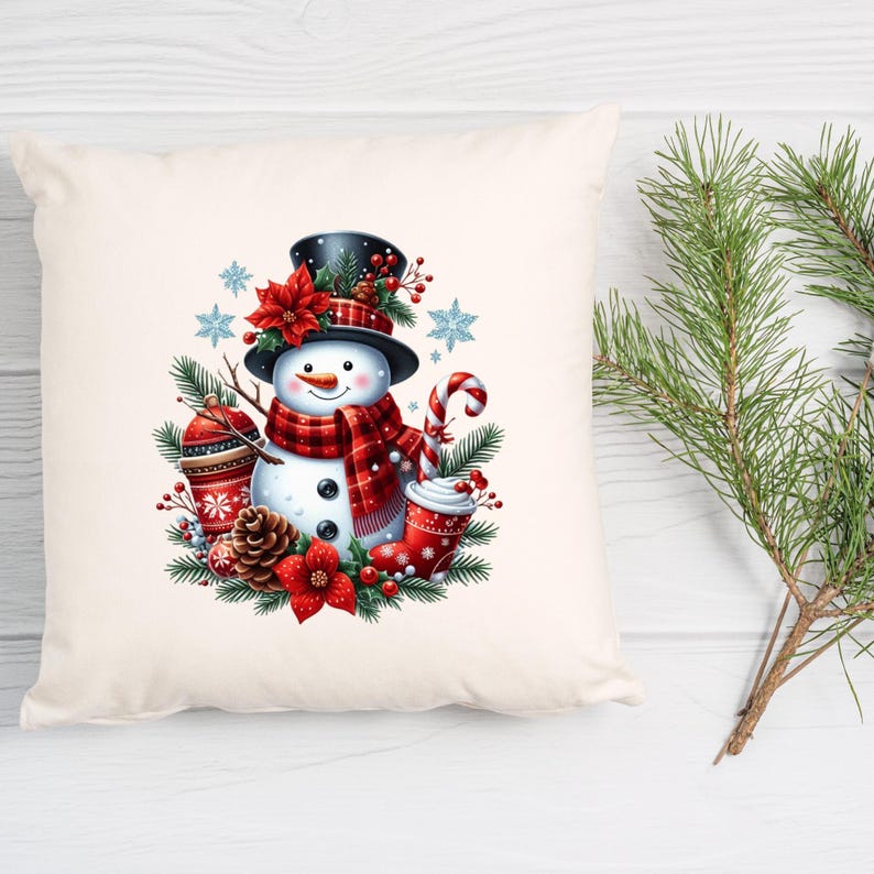 May include: A white snowman with a red and black plaid scarf and a black top hat. The snowman is surrounded by red poinsettias, green pine branches, and a red and white candy cane.