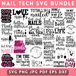 Peut inclure: Un ensemble de 20 fichiers de découpe SVG en noir et blanc pour les techniciennes des ongles. Les motifs présentent diverses phrases et dictons liés aux ongles, tels que "Faire des ongles, c'est mon cardio", "J'aime les ongles", "Totalement cloué", "Juste une patronne des ongles qui construit son empire", "Meilleure technicienne des ongles de tous les temps", "Je fais des ongles", "Quelle est votre superpuissance ?", "Vos ongles disent tout sur vous", "De jolis ongles me font sourire", "Je suis la technicienne des ongles dont on vous a parlé", "Surchargée mais pas débordée", et "Journée des ongles".
