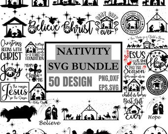 May include: A set of 50 black and white SVG designs featuring the Nativity scene. The designs include various images of the manger, the three wise men, and other biblical figures. The text "Nativity SVG Bundle" and "50 Design" are also included in the image.