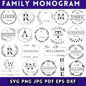 Puede incluir: Una colección de 16 diseños de monogramas familiares en blanco y negro con diferentes fuentes y estilos. Cada diseño incluye un nombre de familia y la palabra "Familia" en una corona o marco geométrico.