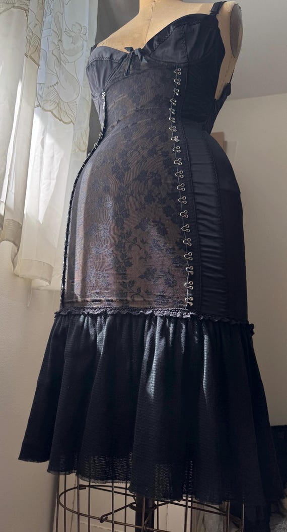 MOSCHINO Couture Black Sleeveless Floral Sheer Lace Satin Corset Bustier Dress