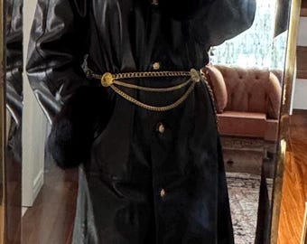 Vintage Parisian Leather Coat with Fur Collar, Lion Buttons